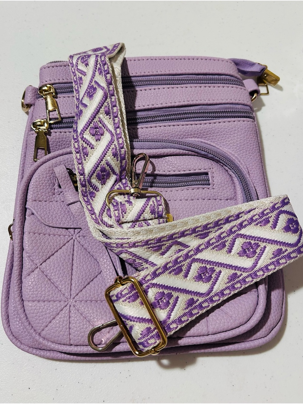 Lavender Quilted Crossbody Bag with Patterned Strap